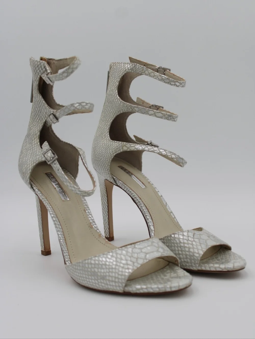 BCBGeneration Snakeskin Strappy Heels Silver Cream Size 9